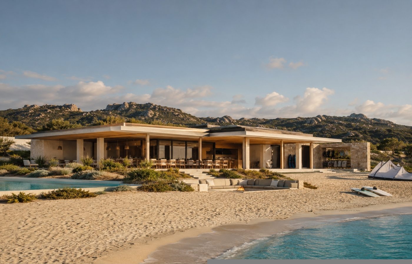Timber beach club pavilion on prime sand