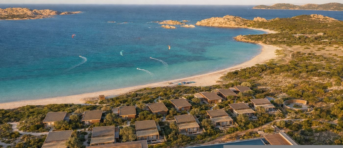 Aerial view of boutique coastal resort and cove