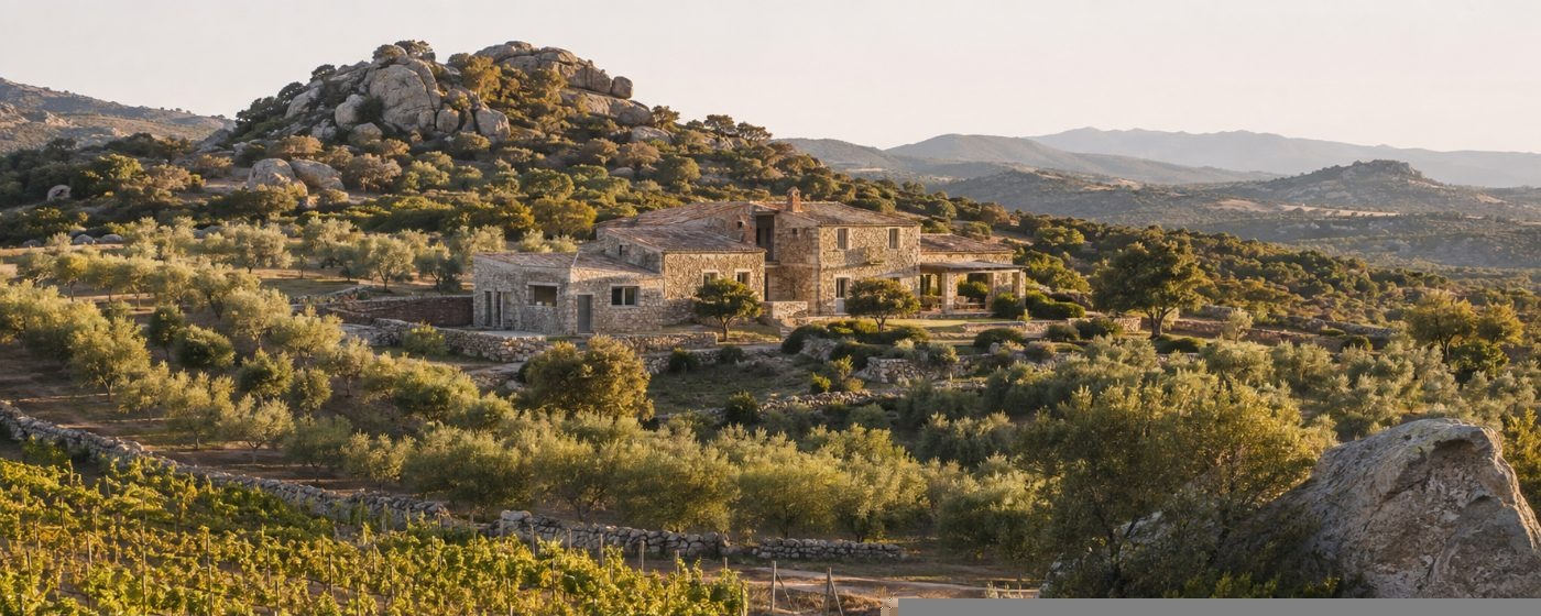 Terraced vineyard estate under morning light